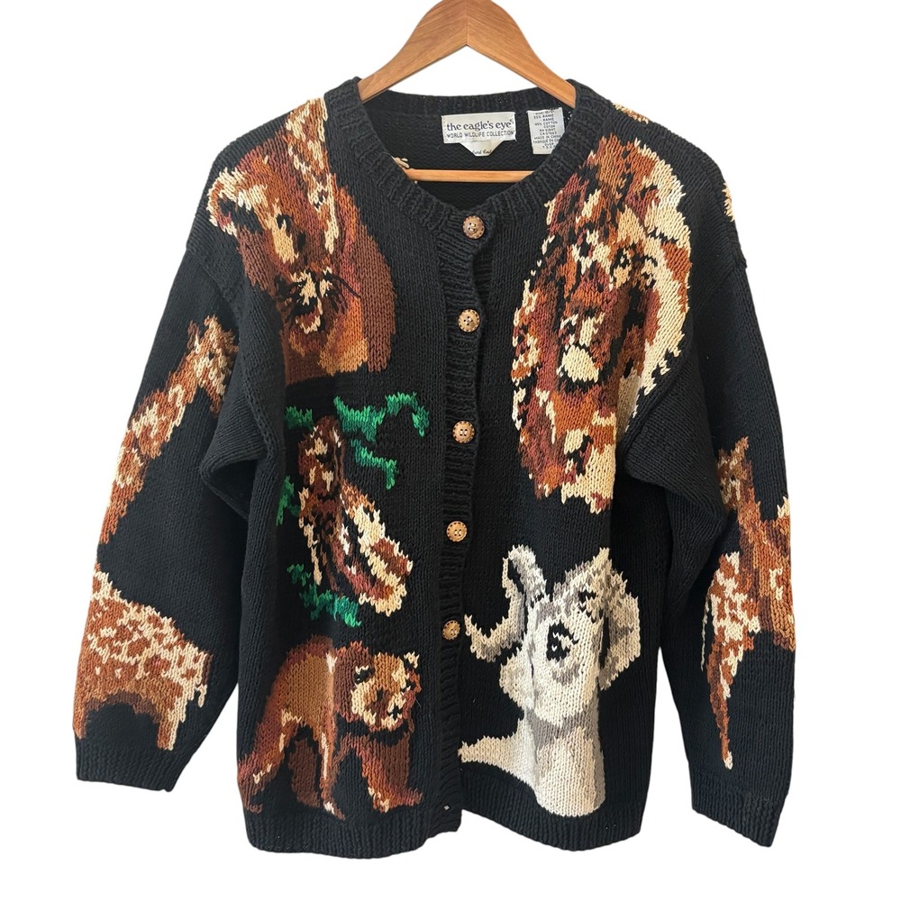 Vtg The Eagles Eye Hand Knit Cardigan Sweater Womens S Animal World Wildlife